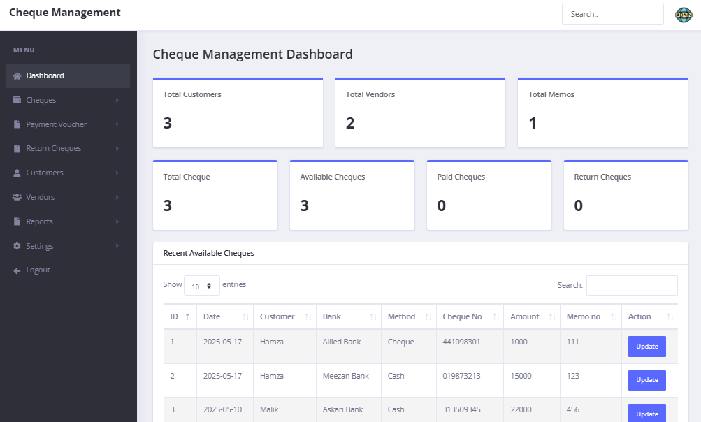 cheque management software panel backend, ali malik professional web developer, ali malik projects, most popular backend panels, ali malik panel projects, ali malik projects, ali malik dashboard projects, top pakistani developer ali malik